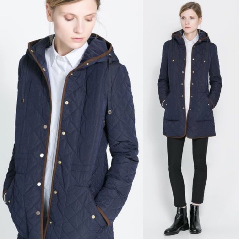 Zara Navy Quilted Puffer Jacket with Brown Trim